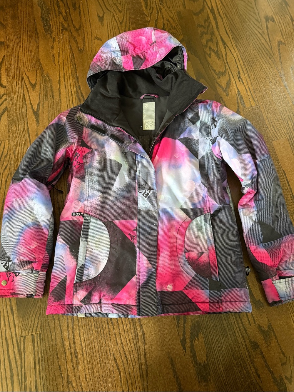 Roxy Girls Pink, Gray & White Geometric Hooded Puffer Jacket